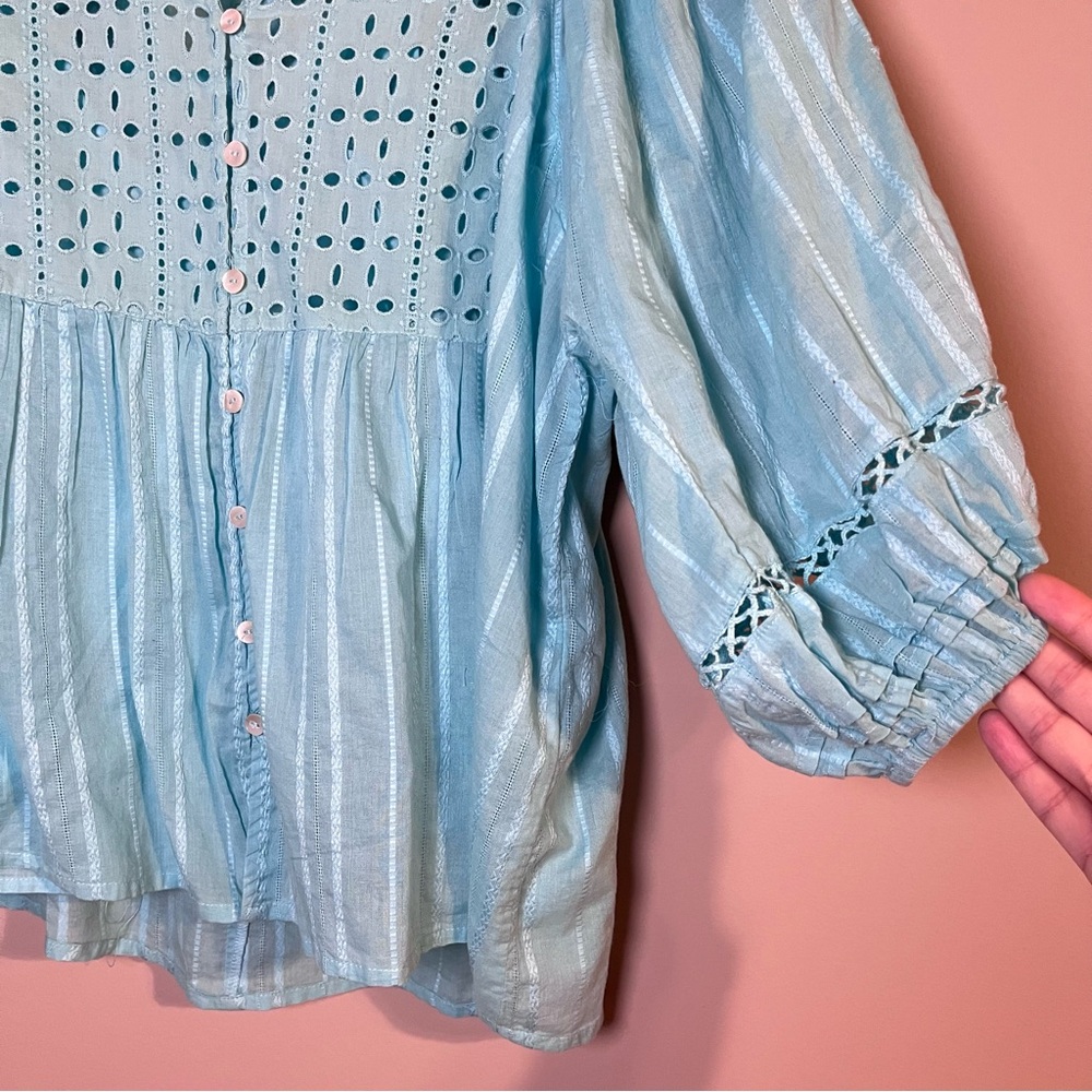 Sundance Embroidered Balloon Sleeve Eyelet Cotton Popover Blouse Blue Small - Picture 2 of 7